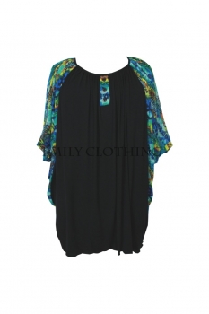 EC Women’s Black Blue Printed Bat Sleeve Tunic Top 